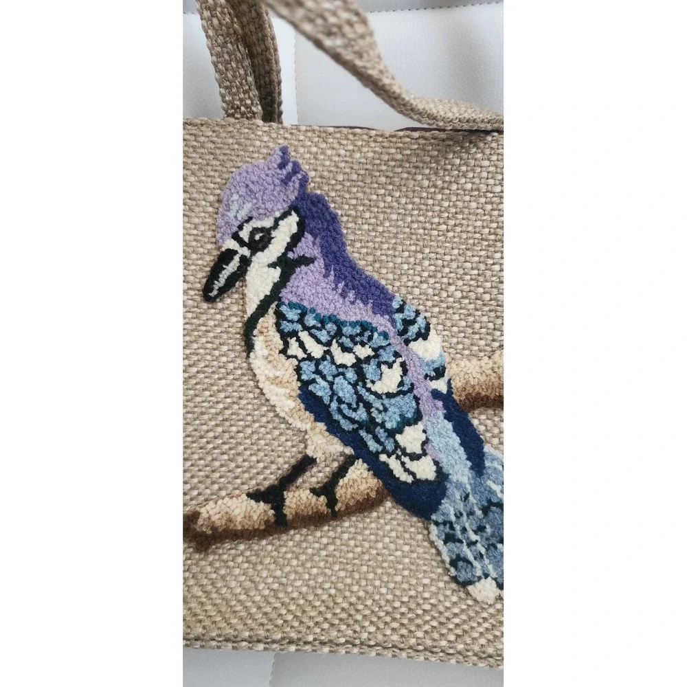 Vintage JR‎ Florida USA Woven Straw Blue Jay Bird Needlepoint Tote Handbag Tan
